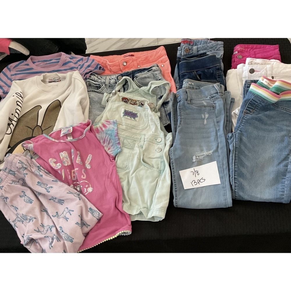 Mixed Brands Outfit Lot Girls 7/8 Jeans Shorts Sweatshirt 13pc Disney Rugrats